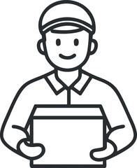 Outline icon of a delivery courier holding a package wearing uniform and cap