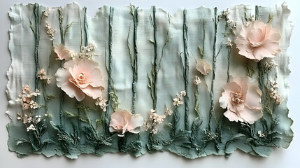 Textured artwork depicting peach-toned flowers and green foliage set against a textured pale-green background  The pi