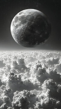 Large moon above a vast expanse of clouds in black and white.  A breathtaking celestial view