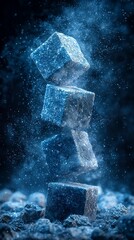 Blue ice cubes levitate, smoky background,  cool drink concept
