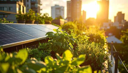 Fototapeta premium Solarpunk Rooftop Garden in Futuristic City with Solar Panels and Lush Vegetation