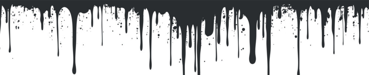 Black paint dripping down creating an abstract grunge texture background with splatters and stains.