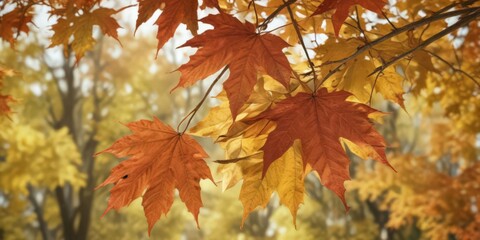 Fototapeta premium Close-up of maple leaves with blurred fall background, branch, november