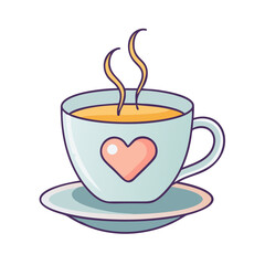 Illustration of a cup of tea with heart design and steam, a beverage drink for relaxation time