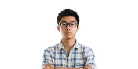 Young Man In Plaid Shirt With Glasses. Confident Expression Isolated On Transparent Background