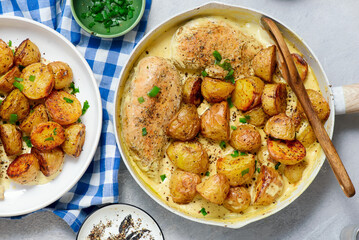 Chicken breast and potatoes in a creamy sauce.top veiw