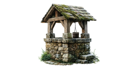 Rustic Stone Water Well With Wooden Roof And Bucket. Traditional Water Source In Nature Isolated On Transparent Background