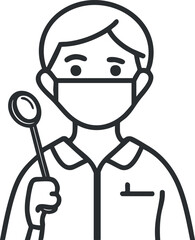 Line art illustration of a masked dentist holding a dental mirror tool in medical uniform