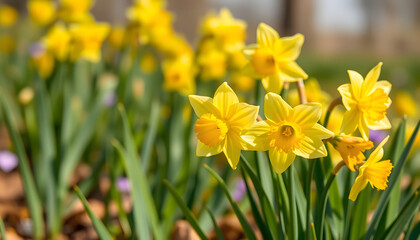 Fototapeta premium Nature Spring Background with blooming daffodil flowers, pixel art. with white shades