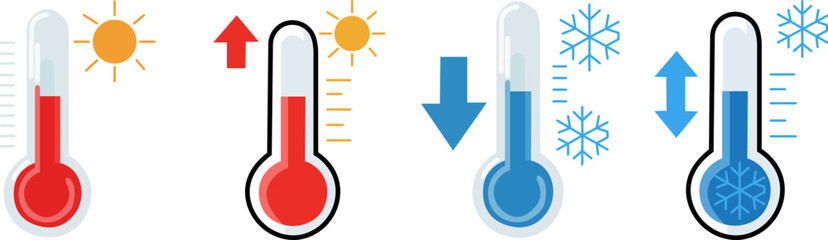 Colorful set of rising and falling thermometer icons representing hot and cold temperature changes, weather fluctuations, climate control, seasonal shift, and heat or cold alerts in forecasts

