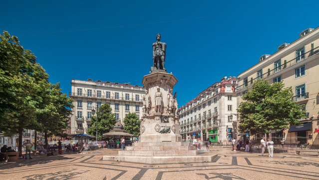 Camoes Monument in Luis de Camoes Square in the Chiado neighborhood timelapse hyperlapse. Lisbon, Portugal
