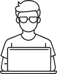 Obraz premium Line art illustration of a man wearing glasses working on a laptop computer at a desk.