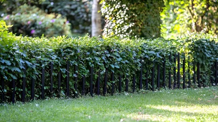 Fotobehang Lush Green Hedge with Black Fence Garden Landscape © RABBI