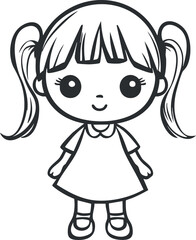 Black and white cartoon illustration of a cute young girl with pigtails and a dress smiling