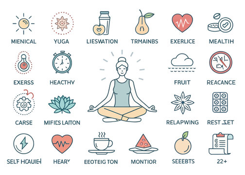 Illustration representing wellness and healthy lifestyle with a woman in a yoga pose meditation