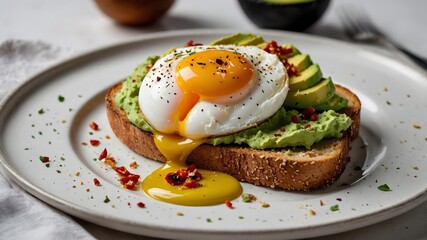 Healthy brunch of avocado toast with poached egg and chili flakes on rustic white plate photographed in bright natural light