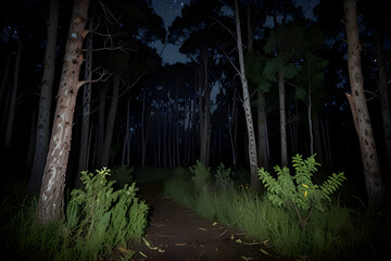 Lightning at night in the middle of a dense coniferous forest