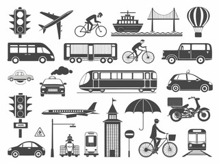 Collection of various transportation methods including cars planes trains and bicycles in black and white