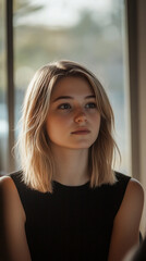 Obraz premium Close-up of young woman with blond hair, wearing black top, looking away near window, conveying calmness and contemplation, ideal for lifestyle or beauty concepts