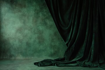 Naklejka premium Dark Green Velvet Drapes with Cinematic Lighting and Elegant Texture