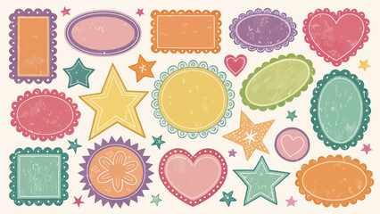 Assorted vintage style frames and stars with decorative edges in various colors and shapes layout design