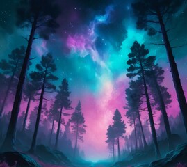 Night Landscape with Dark Forest and Starry Sky