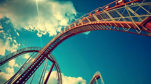 Thrilling roller coaster ride at amusement park under bright blue sky