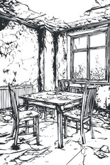 Abandoned room interior with peeling walls and ceiling, old table and chairs near window