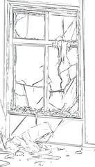 Black and white sketch of a broken window with shattered glass and damaged frame showing destruction and cracks