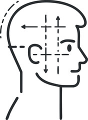 Outline drawing of a human head in profile with arrows and lines indicating measurements and directions