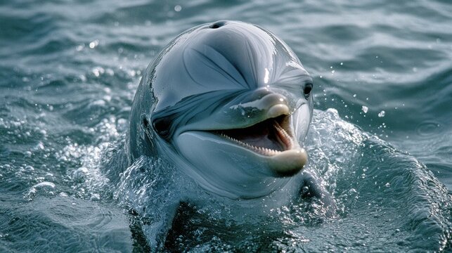 A young bottlenose dolphin in the ocean, joyfully splashing and smiling at the camera.