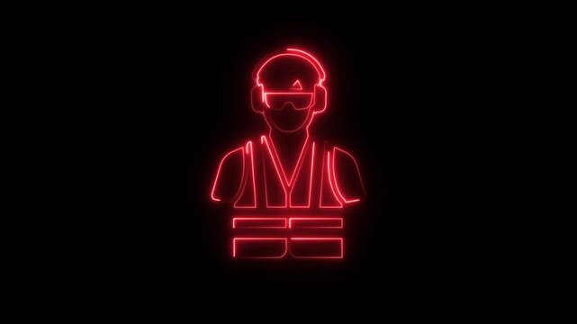 Glowing neon construction worker icon isolated on black background. HD Video motion graphic animation
