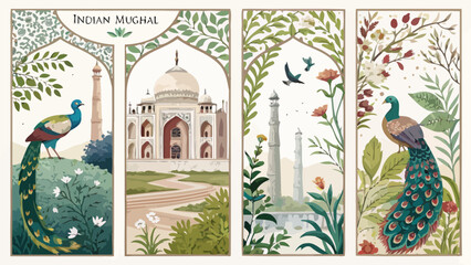 Four panels depicting indian mughal architecture and peacocks with floral and foliage elements