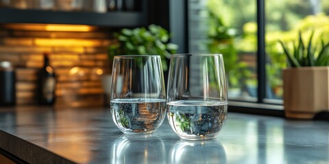Obraz premium Refreshing water glasses on kitchen counter modern home lifestyle natural light