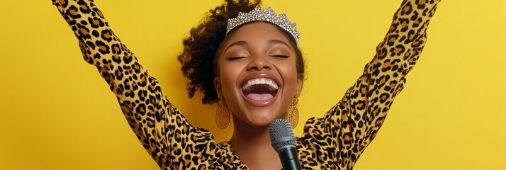 A woman in a leopard print shirt is smiling and holding a microphone. She is wearing a tiara and she is happy