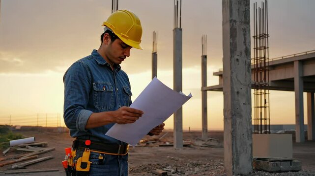 Engineer on constructing site, man in helmet hold tool in hand. AI Generative