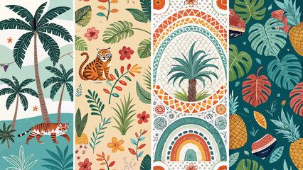 Illustration featuring tropical scenes with palm trees tigers pineapples and decorative rainbow patterns design 100