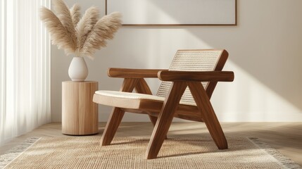 Stylish wooden armchair in a minimalist living area.