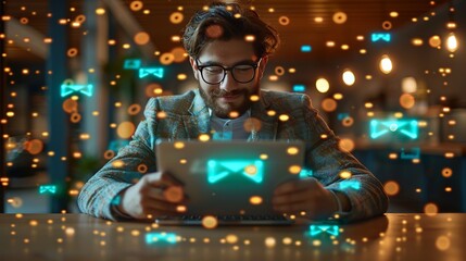 Futuristic digital marketing strategy session where the team leverages buyer personas to create optimized email content and meet their goals