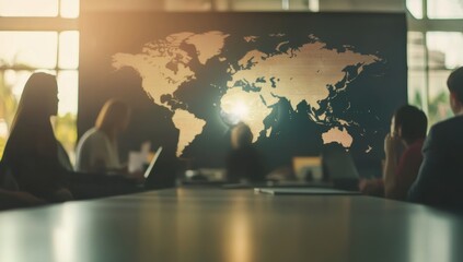 Blurred background of business people having a meeting in a conference room with a world map on the blackboard and a hologram over the table Generative AI