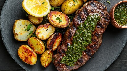 Chimichurri steak plated in restaurant-style presentation viewed from above, featuring perfectly cooked beef with fresh green herb sauce, golden fingerling potatoes, and charred lemon with copper ram