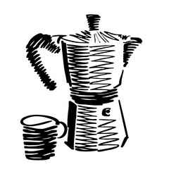 Geyser coffee maker with cup, abstract vector hand drawn illustration