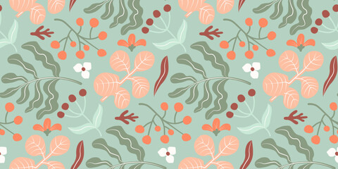 Seamless botanical pattern with abstract leaves, berries and flowers in orange, red and green tones on a mint background. Hand-drawn boho style. Ideal for fabric, wallpaper, wrapping paper, packaging.