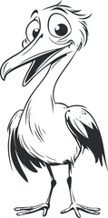 Black and white cartoon illustration of a happy and expressive bird character with big eyes and open beak