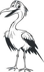 Black and white cartoon illustration of a happy standing stork bird with long legs and wings