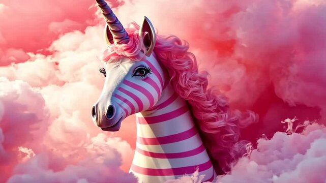 Whimsical unicorn emerges through pink clouds with striped mane