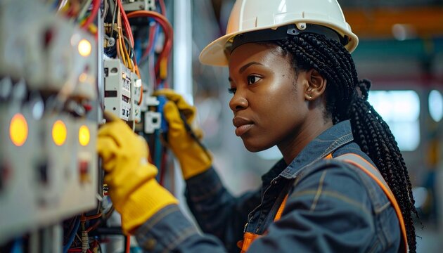 African Female Electrician Repairing Circuit Breaker in Industrial Setting