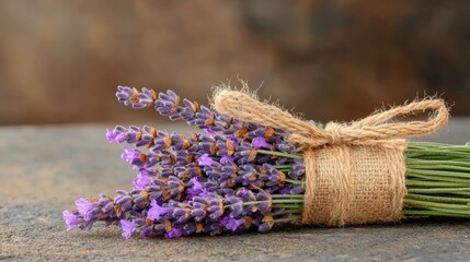 Fototapeta premium Rustic Lavender Bouquet with Burlap Tie on Wood Surface, Aromatherapy Concept