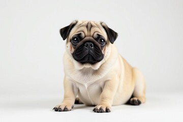 Obraz premium Adorable pug dog sits on white background, looking directly at camera, image, funny, animal