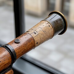 Obraz premium Antique Brass Telescope Close-Up: Aged Wood Texture and Historical Nautical Tool